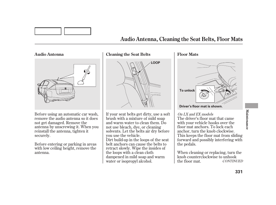 Audio antenna, cleaning the seat belts, floor mats | HONDA 2003 Insight  - Owner's Manual User Manual | Page 335 / 411