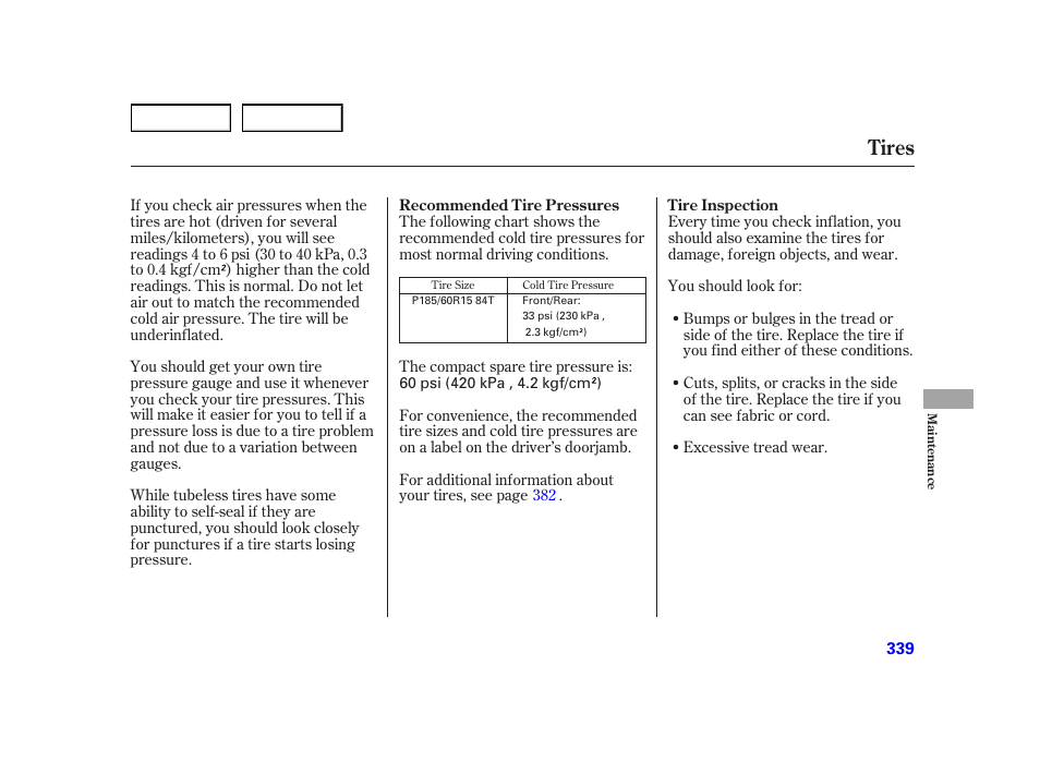 Tires | HONDA 2003 Insight  - Owner's Manual User Manual | Page 343 / 411