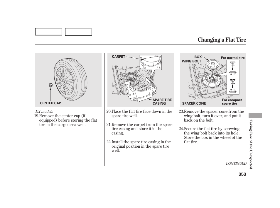 Changing a flat tire | HONDA 2003 Insight  - Owner's Manual User Manual | Page 357 / 411
