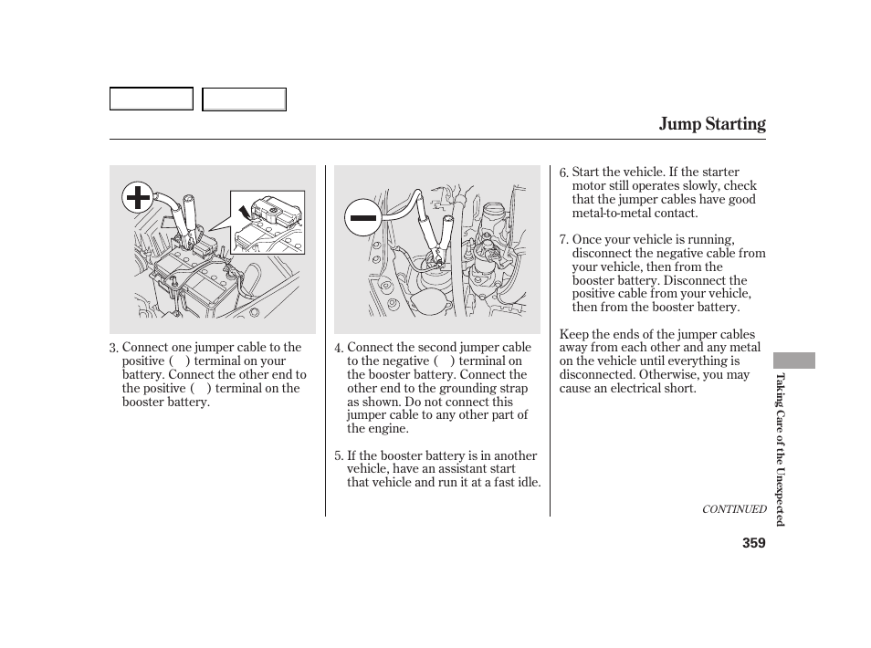 Jump starting | HONDA 2003 Insight  - Owner's Manual User Manual | Page 363 / 411