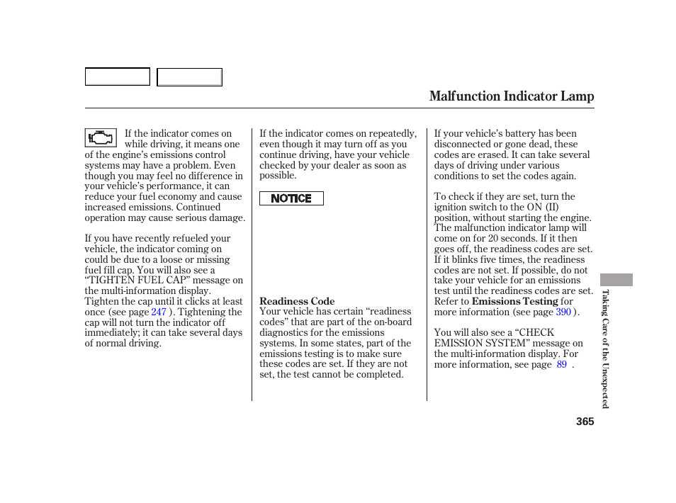 Malfunction indicator lamp | HONDA 2003 Insight  - Owner's Manual User Manual | Page 369 / 411