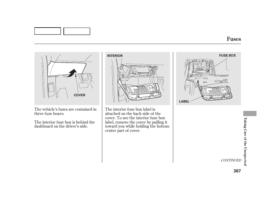 Fuses | HONDA 2003 Insight  - Owner's Manual User Manual | Page 371 / 411