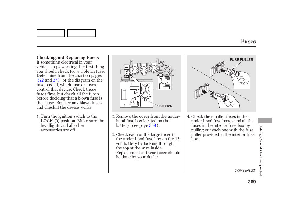 Fuses | HONDA 2003 Insight  - Owner's Manual User Manual | Page 373 / 411