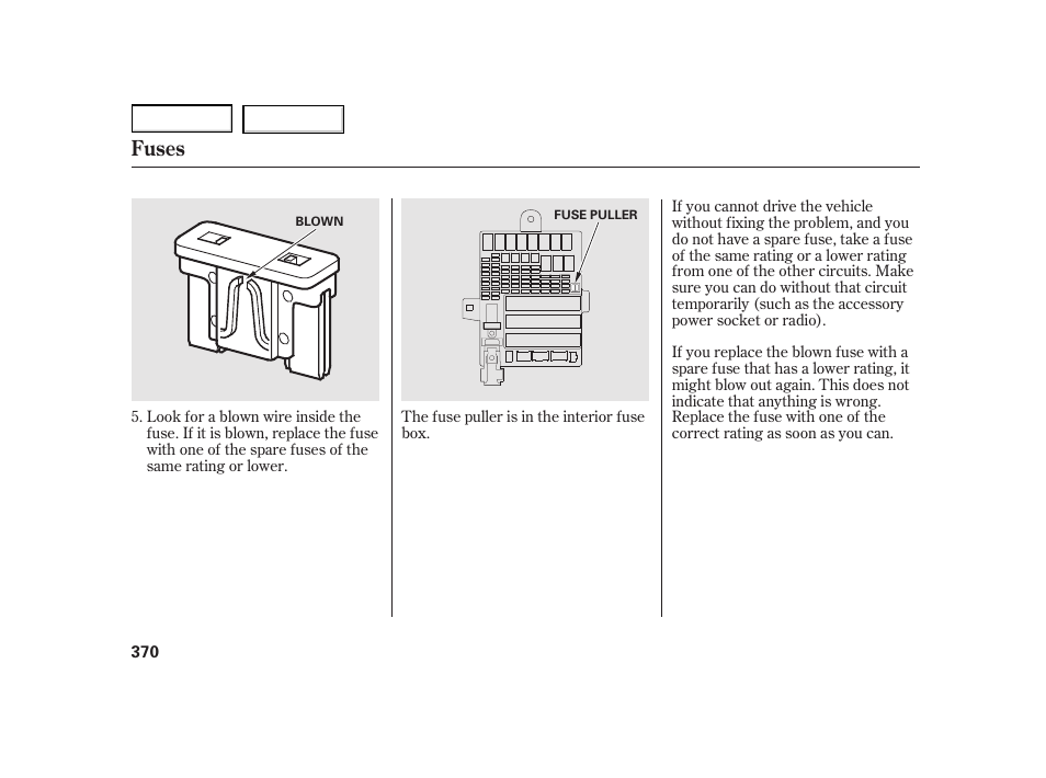 Fuses | HONDA 2003 Insight  - Owner's Manual User Manual | Page 374 / 411