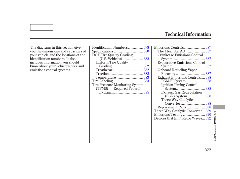 Technical information | HONDA 2003 Insight  - Owner's Manual User Manual | Page 381 / 411