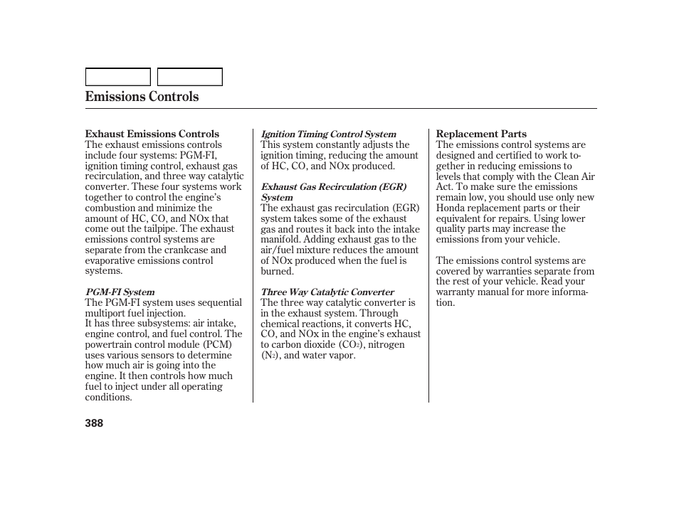 Emissions controls | HONDA 2003 Insight  - Owner's Manual User Manual | Page 392 / 411