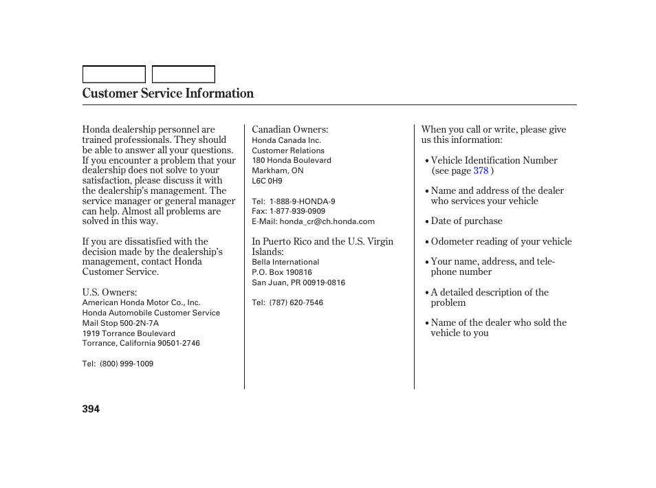 Customer service information | HONDA 2003 Insight  - Owner's Manual User Manual | Page 398 / 411