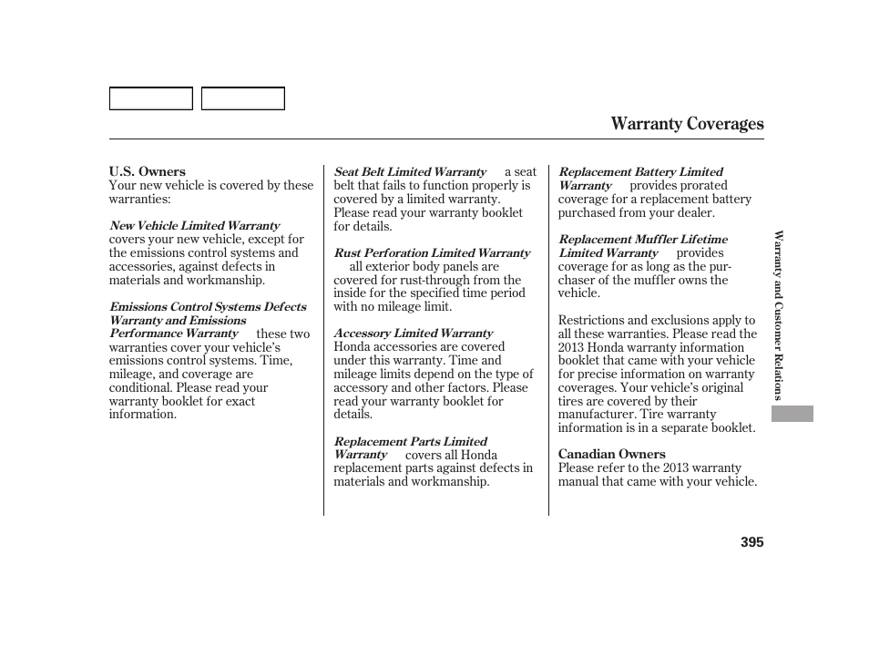 Warranty coverages | HONDA 2003 Insight  - Owner's Manual User Manual | Page 399 / 411