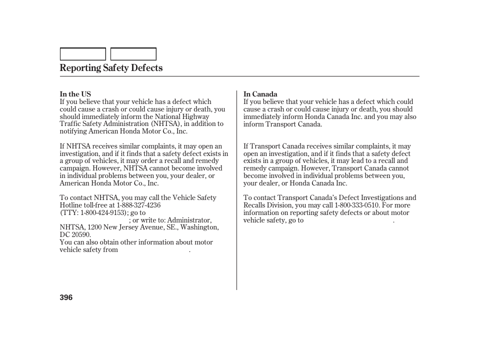 Reporting safety defects | HONDA 2003 Insight  - Owner's Manual User Manual | Page 400 / 411
