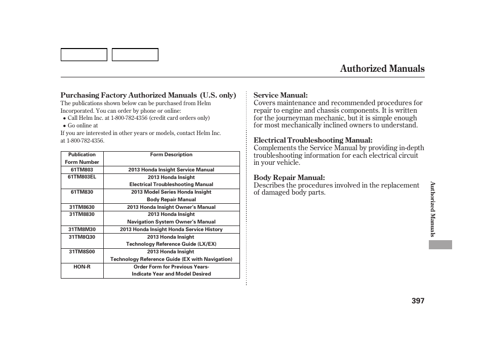 Authorized manuals | HONDA 2003 Insight  - Owner's Manual User Manual | Page 401 / 411