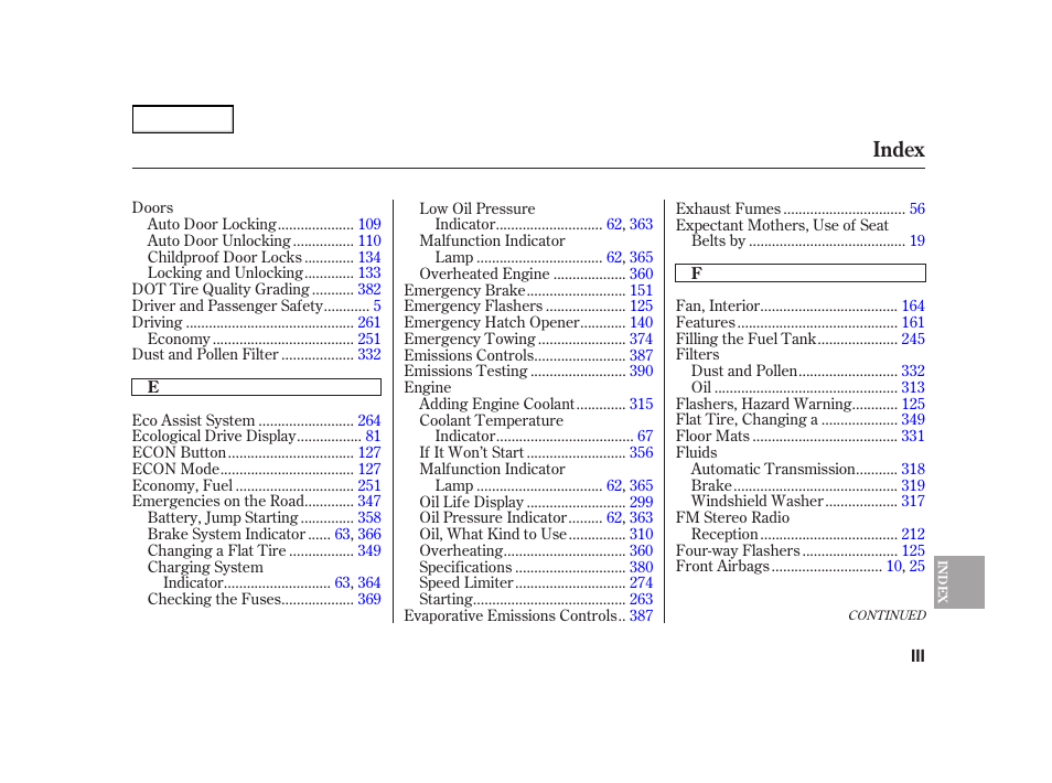 Index | HONDA 2003 Insight  - Owner's Manual User Manual | Page 404 / 411