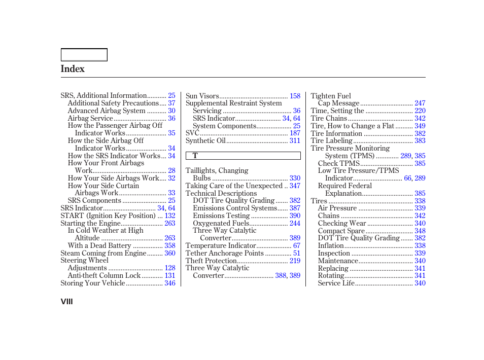 Index | HONDA 2003 Insight  - Owner's Manual User Manual | Page 409 / 411