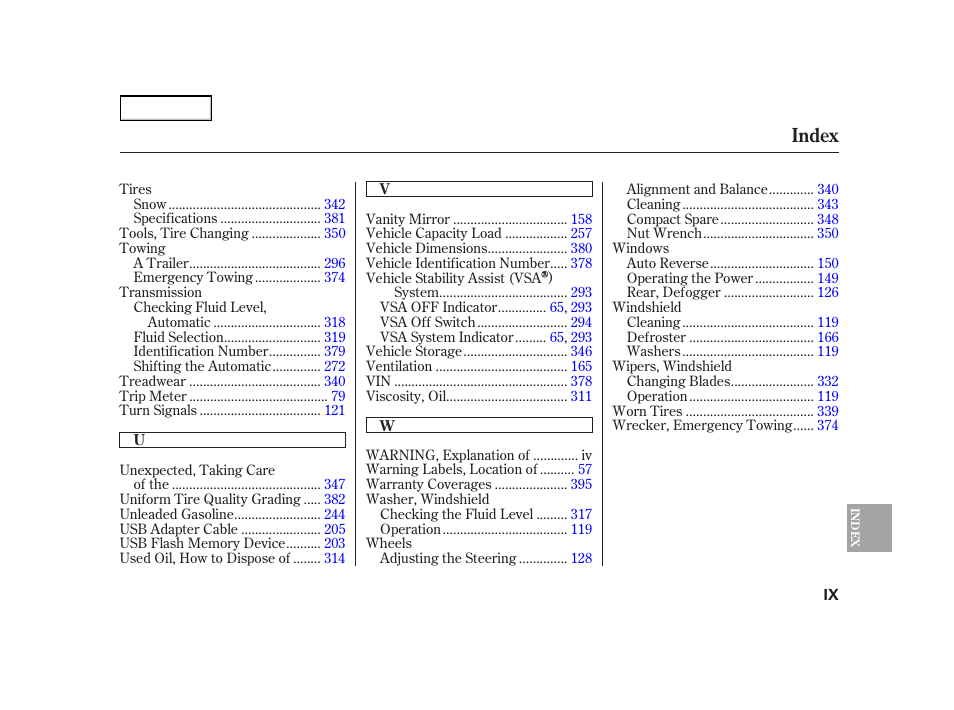 Index | HONDA 2003 Insight  - Owner's Manual User Manual | Page 410 / 411