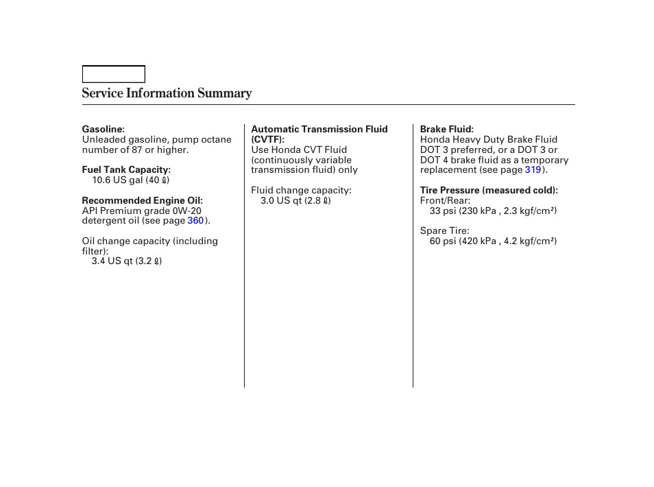 Service information summary | HONDA 2003 Insight  - Owner's Manual User Manual | Page 411 / 411
