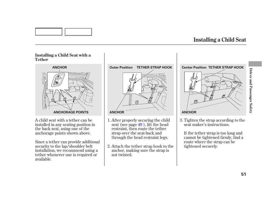 Installing a child seat | HONDA 2003 Insight  - Owner's Manual User Manual | Page 55 / 411