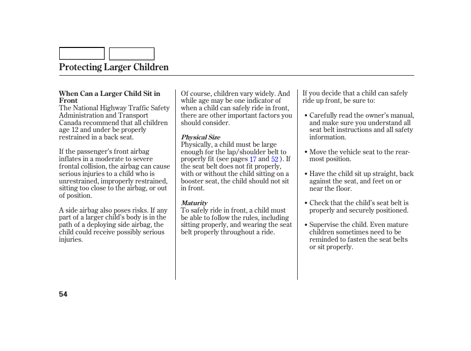 Protecting larger children | HONDA 2003 Insight  - Owner's Manual User Manual | Page 58 / 411