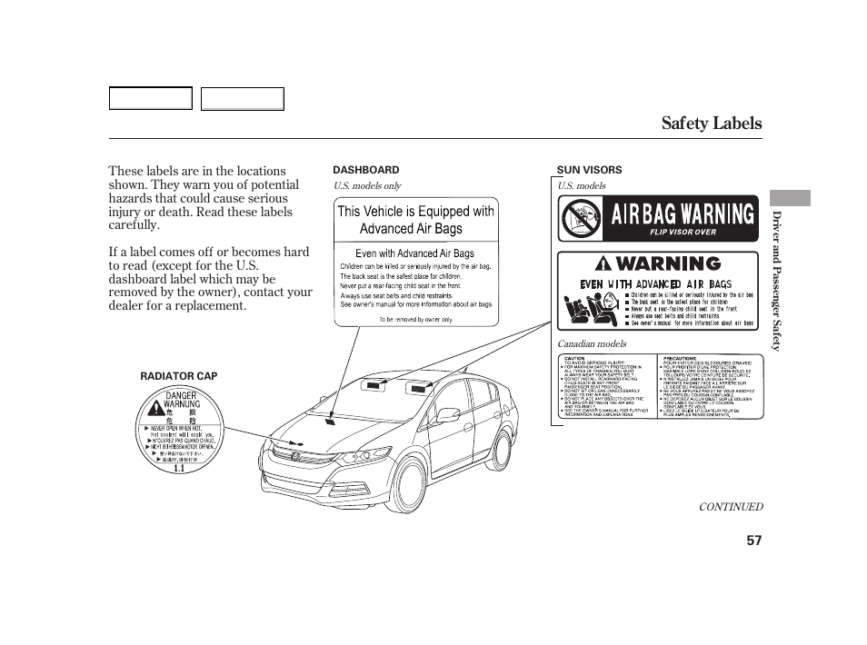 Safety labels | HONDA 2003 Insight  - Owner's Manual User Manual | Page 61 / 411