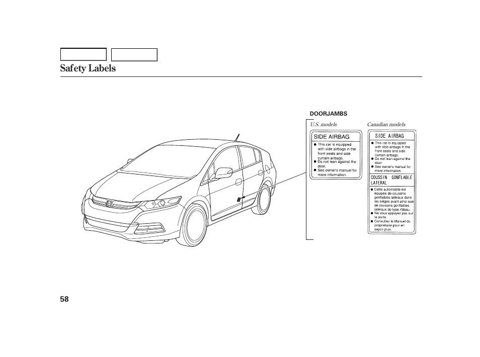 Safety labels | HONDA 2003 Insight  - Owner's Manual User Manual | Page 62 / 411