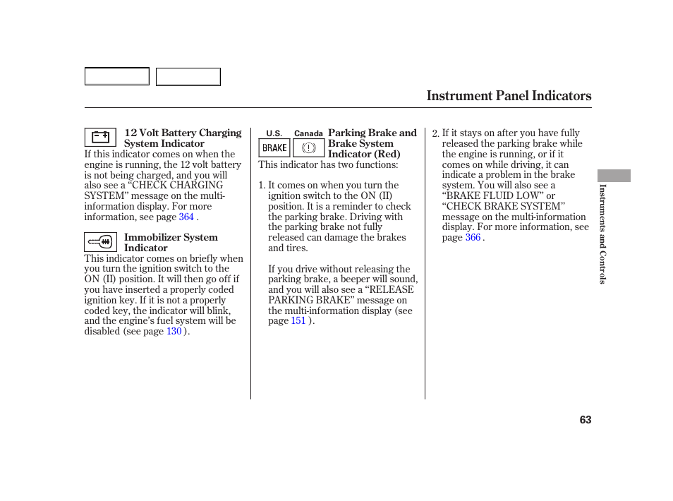Instrument panel indicators | HONDA 2003 Insight  - Owner's Manual User Manual | Page 67 / 411