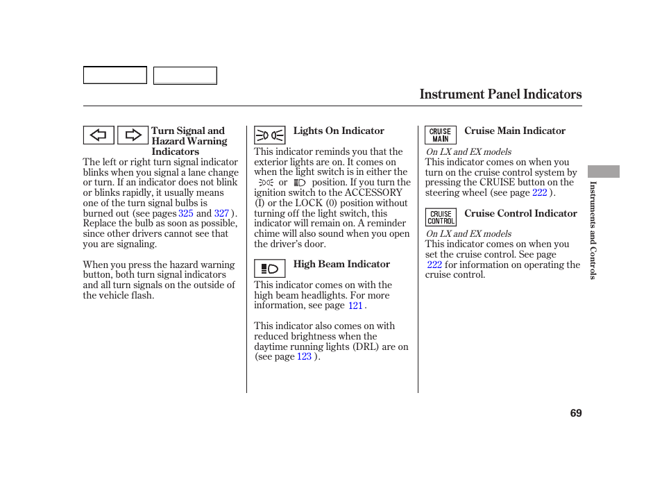 Instrument panel indicators | HONDA 2003 Insight  - Owner's Manual User Manual | Page 73 / 411