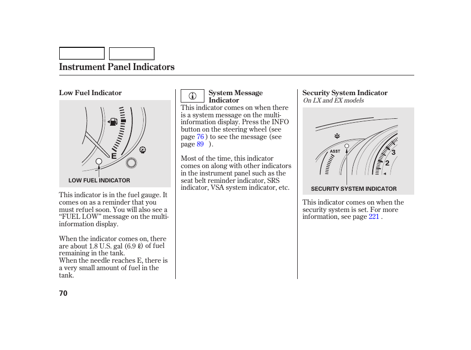 Instrument panel indicators | HONDA 2003 Insight  - Owner's Manual User Manual | Page 74 / 411