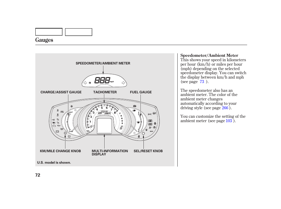 Gauges | HONDA 2003 Insight  - Owner's Manual User Manual | Page 76 / 411