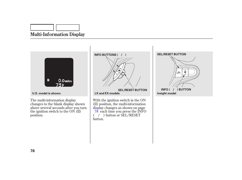 Multi-information display | HONDA 2003 Insight  - Owner's Manual User Manual | Page 80 / 411