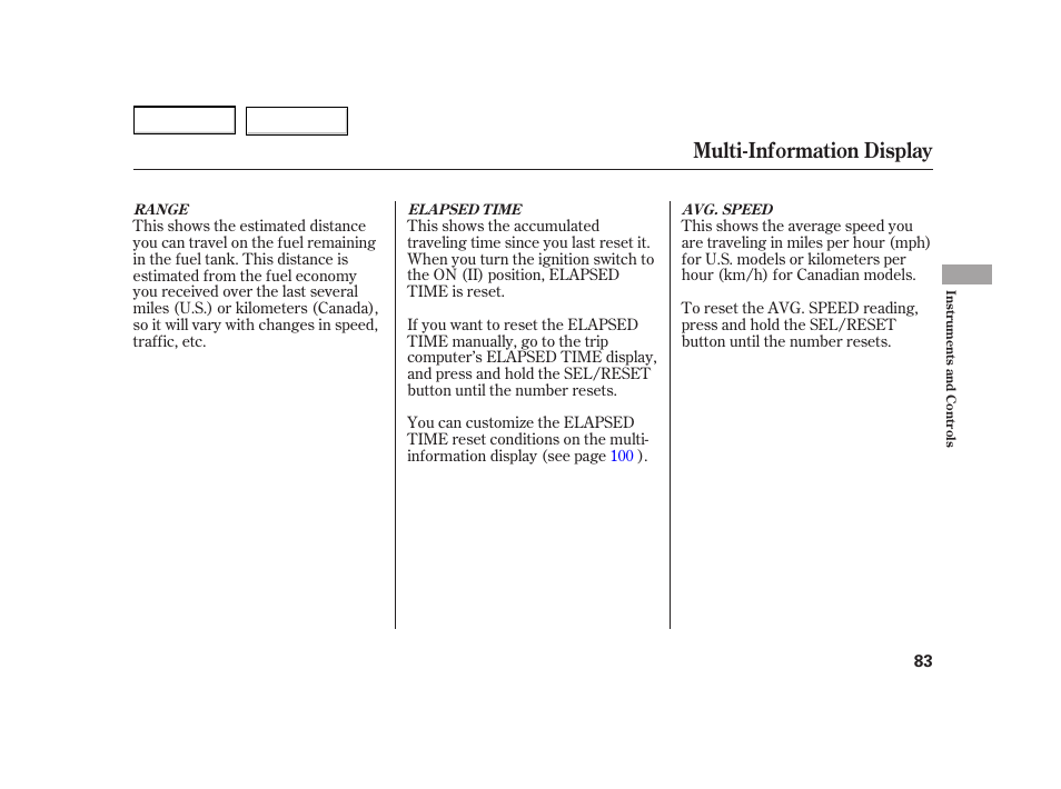 Multi-information display | HONDA 2003 Insight  - Owner's Manual User Manual | Page 87 / 411