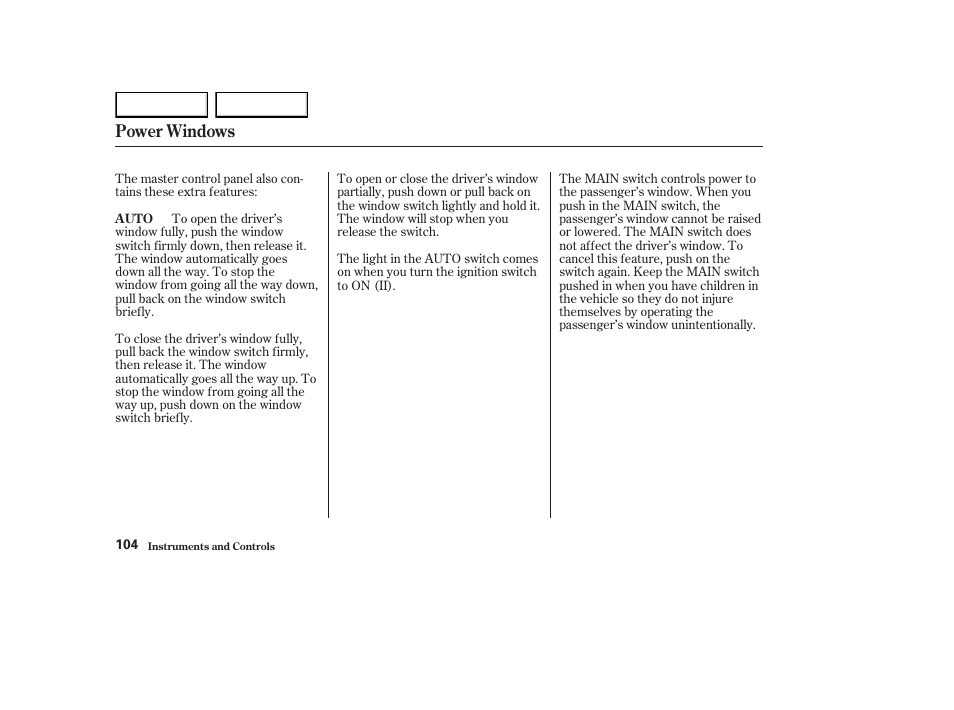 Power windows | HONDA 2003 Element - Owner's Manual User Manual | Page 108 / 338