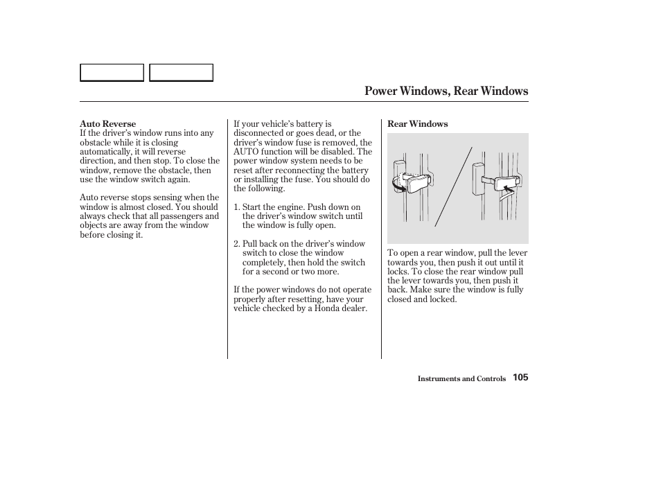 Power windows, rear windows | HONDA 2003 Element - Owner's Manual User Manual | Page 109 / 338