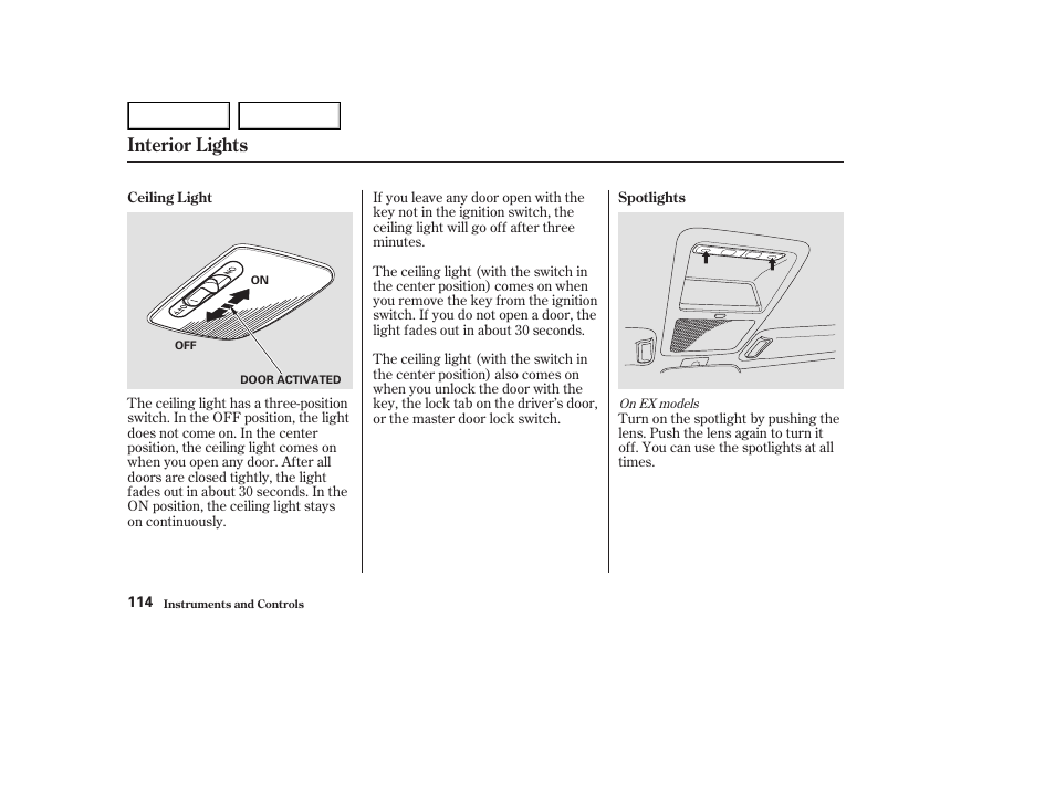 Interior lights | HONDA 2003 Element - Owner's Manual User Manual | Page 118 / 338