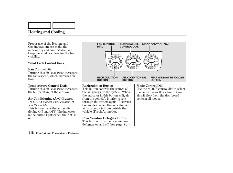Heating and cooling | HONDA 2003 Element - Owner's Manual User Manual | Page 122 / 338