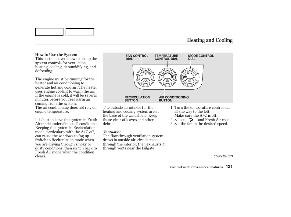 Heating and cooling | HONDA 2003 Element - Owner's Manual User Manual | Page 125 / 338