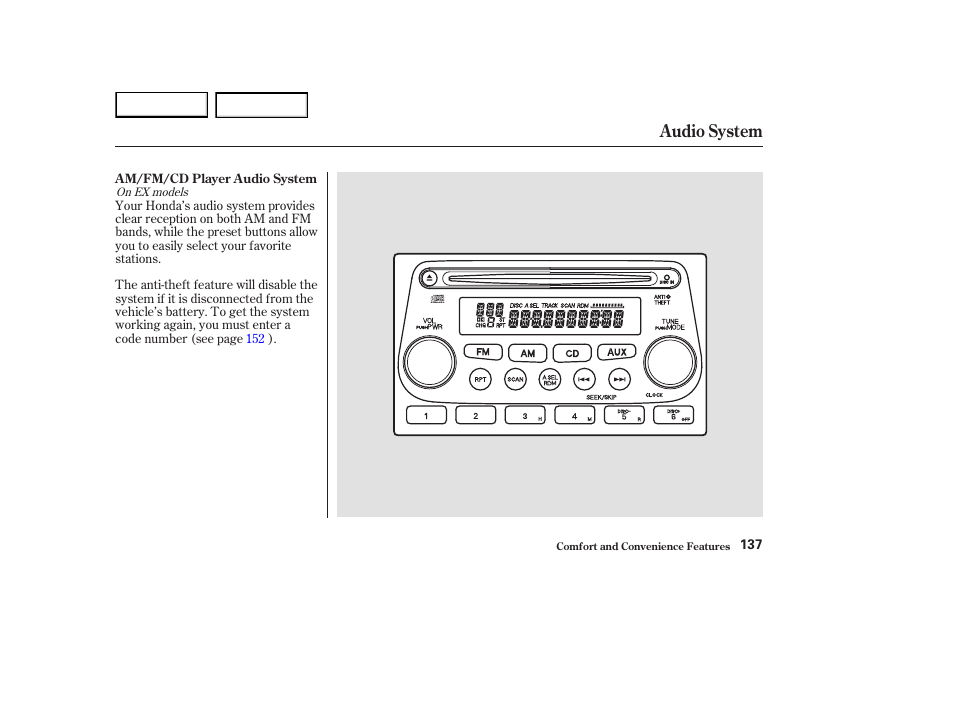 Audio system | HONDA 2003 Element - Owner's Manual User Manual | Page 141 / 338