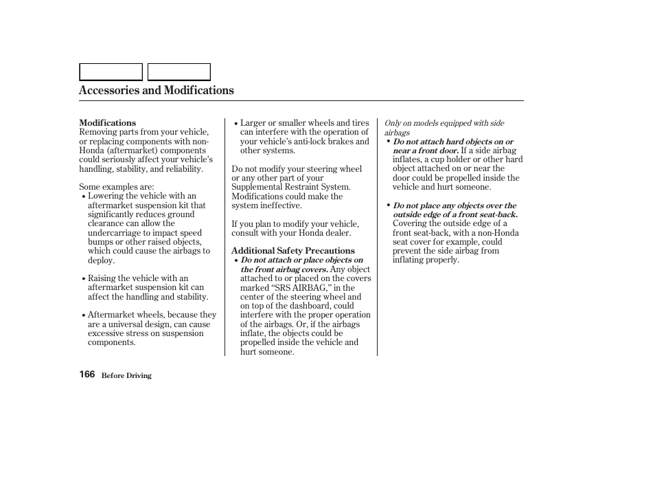 Accessories and modifications | HONDA 2003 Element - Owner's Manual User Manual | Page 170 / 338