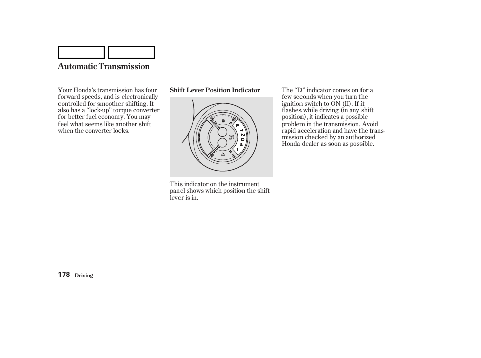 Automatic transmission | HONDA 2003 Element - Owner's Manual User Manual | Page 182 / 338