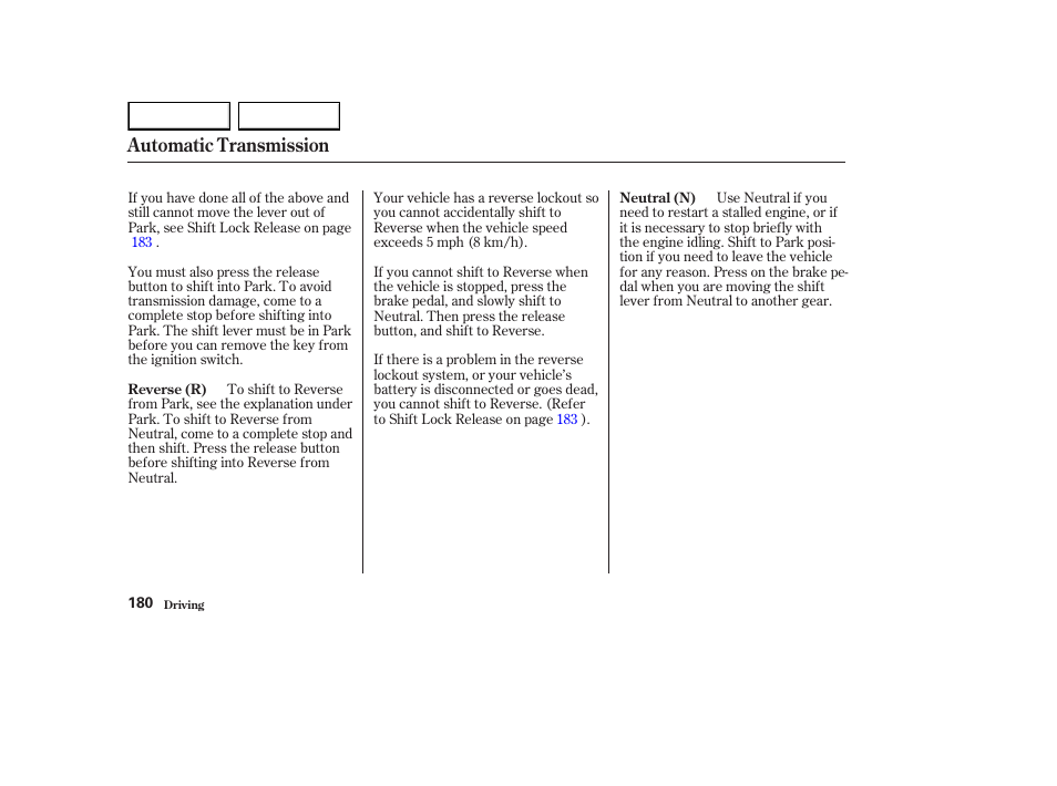 Automatic transmission | HONDA 2003 Element - Owner's Manual User Manual | Page 184 / 338
