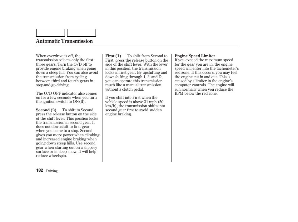 Automatic transmission | HONDA 2003 Element - Owner's Manual User Manual | Page 186 / 338