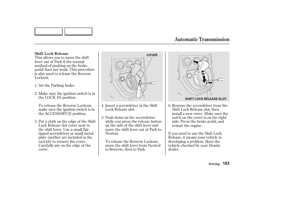 Automatic transmission | HONDA 2003 Element - Owner's Manual User Manual | Page 187 / 338