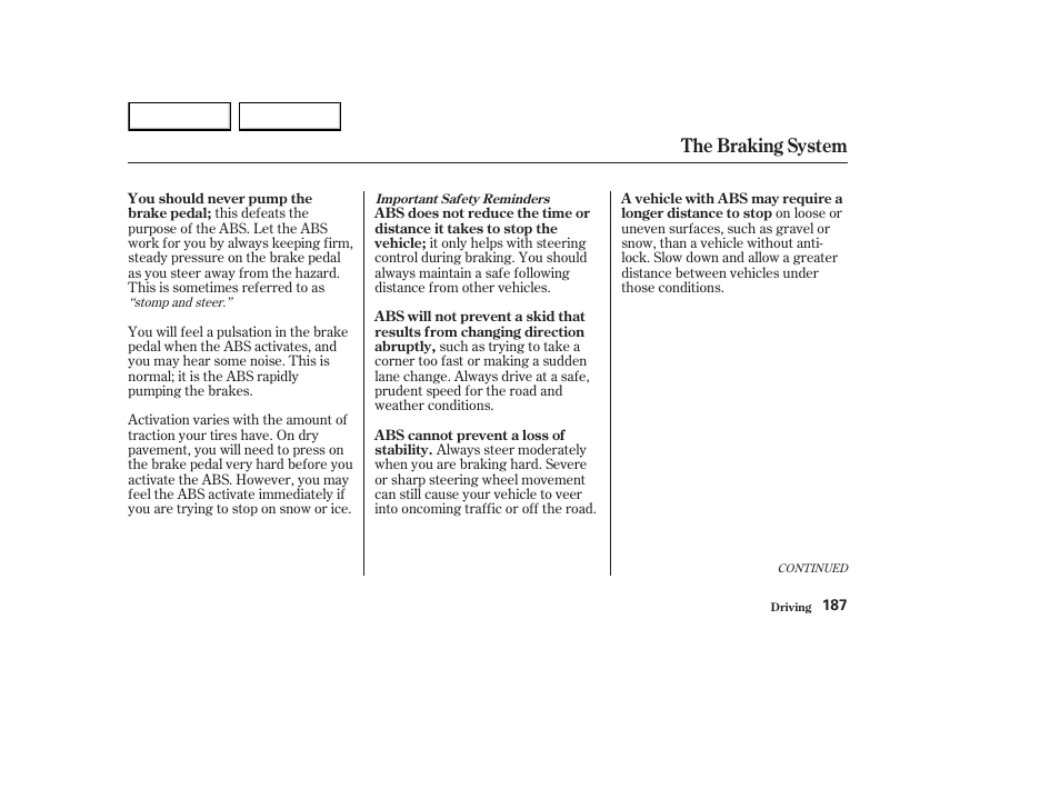 The braking system | HONDA 2003 Element - Owner's Manual User Manual | Page 191 / 338