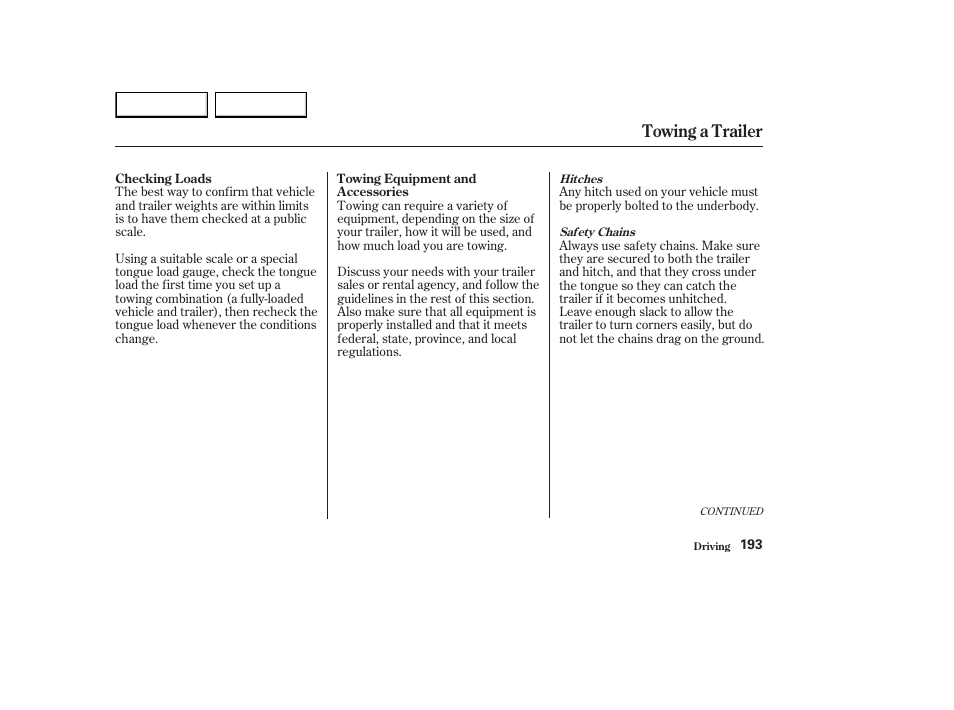 Towing a trailer | HONDA 2003 Element - Owner's Manual User Manual | Page 197 / 338