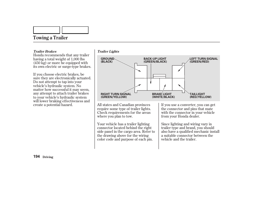 Towing a trailer | HONDA 2003 Element - Owner's Manual User Manual | Page 198 / 338
