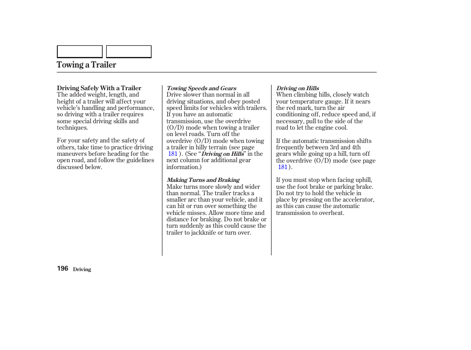 Towing a trailer | HONDA 2003 Element - Owner's Manual User Manual | Page 200 / 338