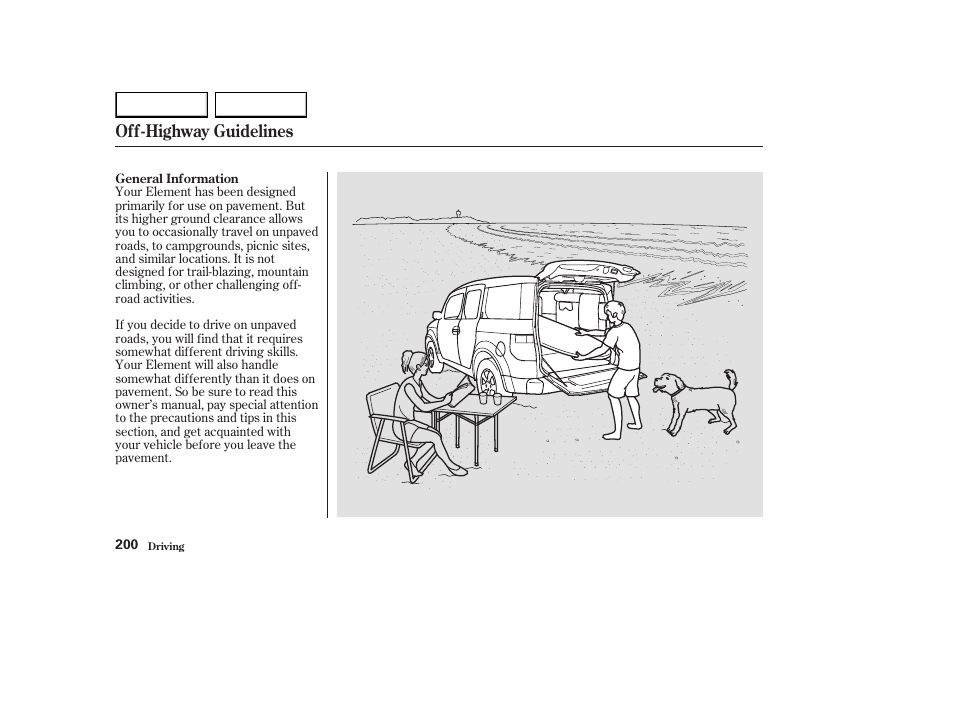 Off-highway guidelines | HONDA 2003 Element - Owner's Manual User Manual | Page 204 / 338