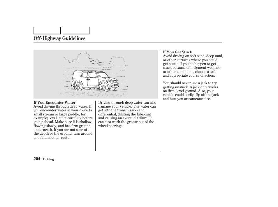 Off-highway guidelines | HONDA 2003 Element - Owner's Manual User Manual | Page 208 / 338