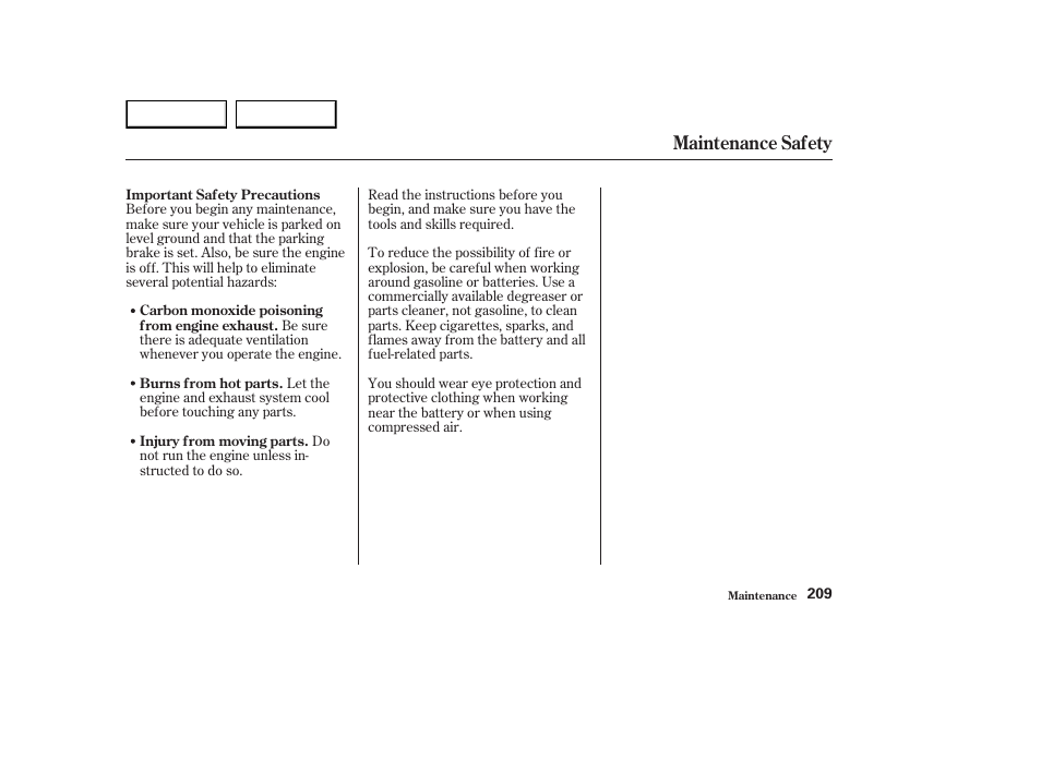 Maintenance safety | HONDA 2003 Element - Owner's Manual User Manual | Page 213 / 338