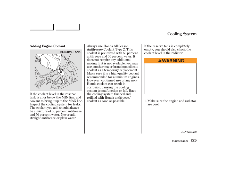 Cooling system | HONDA 2003 Element - Owner's Manual User Manual | Page 229 / 338