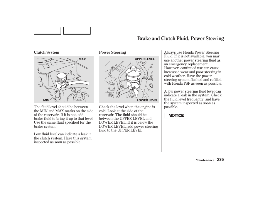 Brake and clutch fluid, power steering | HONDA 2003 Element - Owner's Manual User Manual | Page 239 / 338