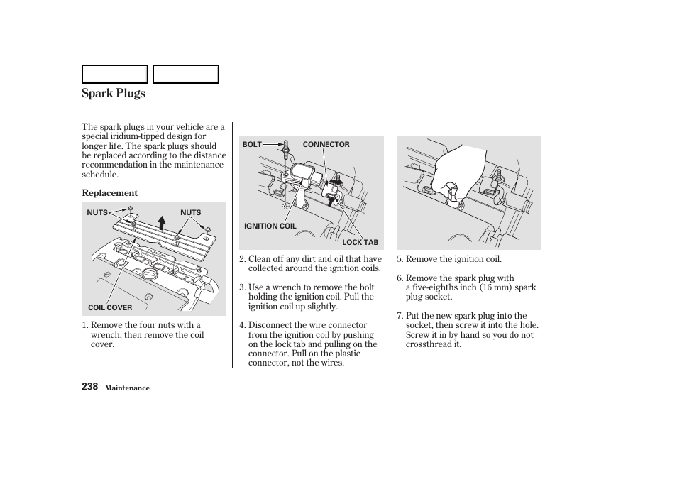 Spark plugs | HONDA 2003 Element - Owner's Manual User Manual | Page 242 / 338