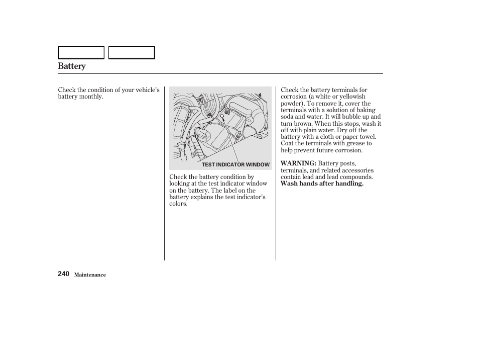 Battery | HONDA 2003 Element - Owner's Manual User Manual | Page 244 / 338